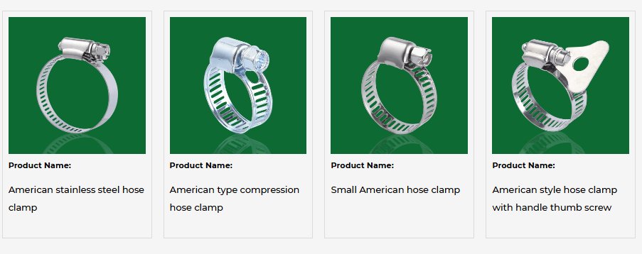 Hengtuo hose clamp product range including American stainless steel hose clamp, compression hose clamp, small American hose clamp, and thumb screw handle clamp